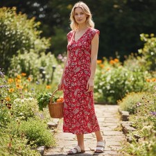 LOFT Outlet Petite Red Paisley V-Neck Cap Sleeve Midi Dress LP Floral Boho
