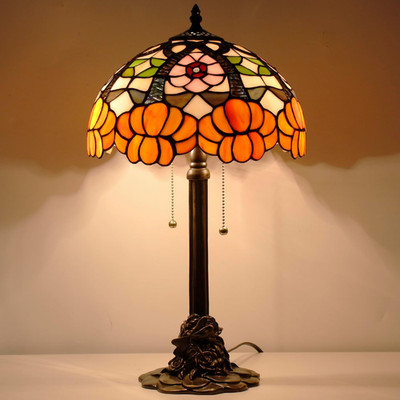 Tiffany Stained Glass Table Lamp with Orange Flower Design for Bedroom & Living