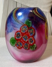 Vintage Italian Murano Blue Pink Colorful Hand Blown Heavy Art Glass Vase 9.25  
