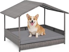 Outdoor Wicker Dog House with Roof Canopy Elevated Rattan Dog Bed with Washable