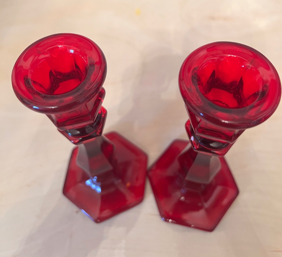 Mosser Glass Ruby Red Candle Holders 7 1/4