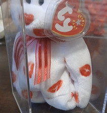 Ty Beanie Babies Smooch Bear White Plush Red Kiss Marks Ribbon Heart Tag Ages 3 
