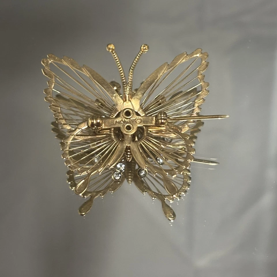 Broche Vintage Monet Mariposa Tono Dorado Estrás Prendedor Filigrana Bisutería Foto 3 de 4