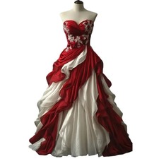 Vintage Red With Ivory ALine WeddingDress Ruffle Ruched Strapless Corset Lace-Up