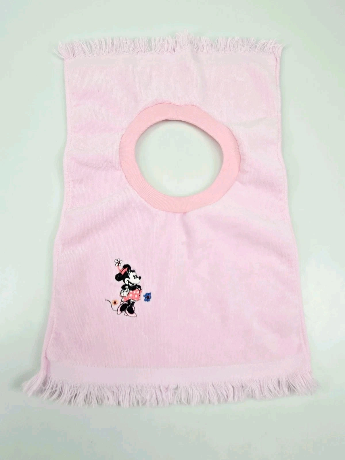 Vintage Disney Minnie Mouse Terry Cloth Pull Over Baby Bib Fringe Embroidered