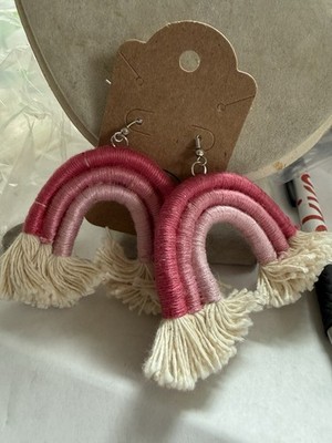2 1/2  PINK WOVEN ARC WITH FRINGE DROP Pierced Earrings - NEW