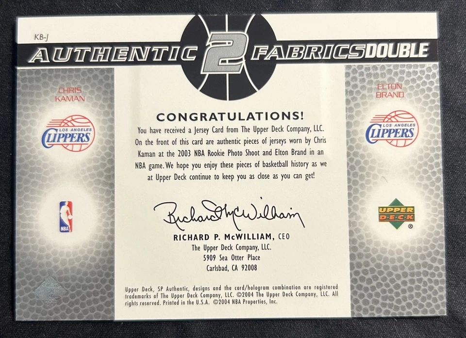 2003-04 SP Auténtico Oro Doble Juego Usado Reliquias Chris Kaman Elton Marca/50 LAC Foto 2 de 2