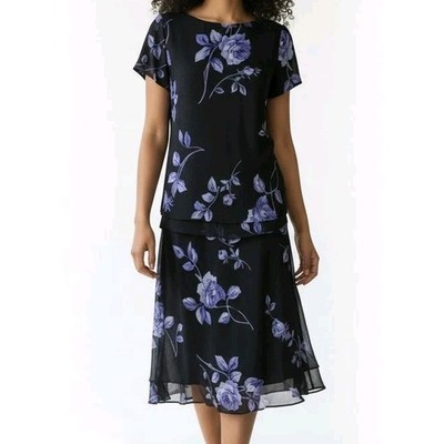 Jessica Howard Chiffon Midi Skirt Suit Set Size 10 Purple Floral Pullover Blouse
