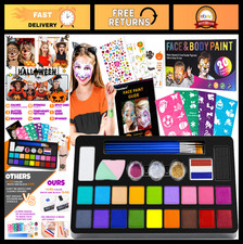 Kids Face Painting Kit - 20 Non-Toxic Water-Based Colors, Stencils Brushes for