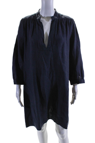 Tomas Maier Womens 3/4 Sleeve V Neck Knee Length Shift Dress Navy Linen Size 6