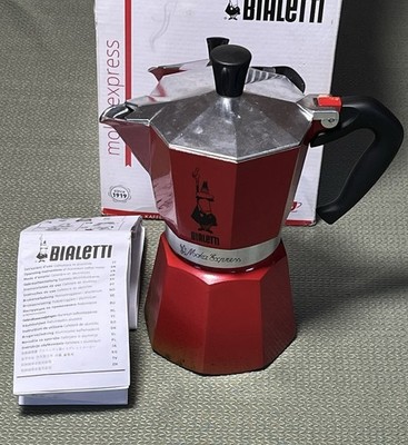 Vintage Bialetti Red Moka Express 6 Cup Coffee Maker, Used in Box, Instructions
