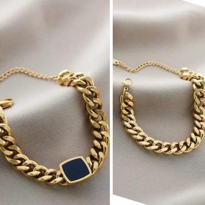 2pc Gold Cuban Curb Chain Bracelet Set Stainless Steel Black Enamel Jewelry Gift