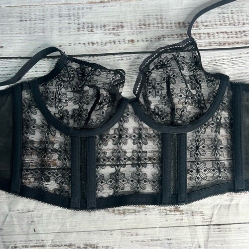 Huit 32B Black Cafe Fleur Stretch Lace Ladies Bustire Longline Bra Mesh Sheer - Picture 8 of 13