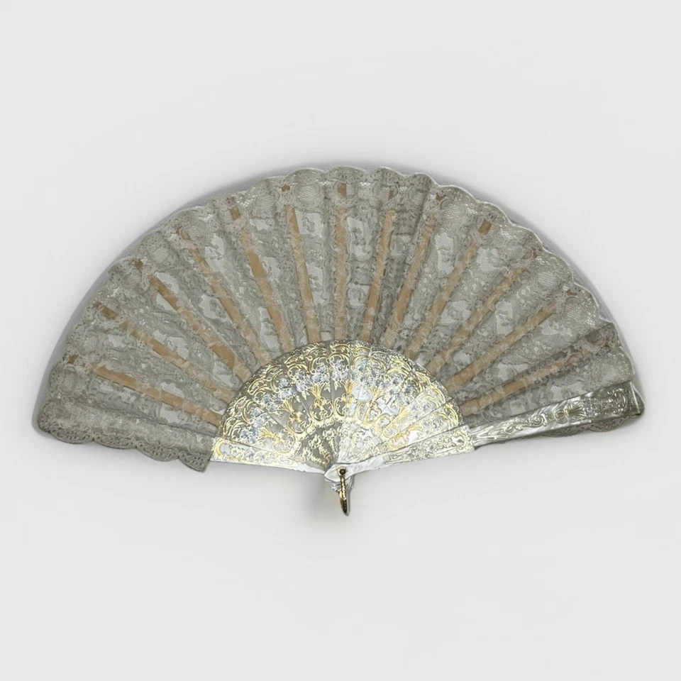 Ventilador dobrável de renda vintage dourado azul flores celulóide estilo esfregão ventilador de mão - Imagem 2 de 4