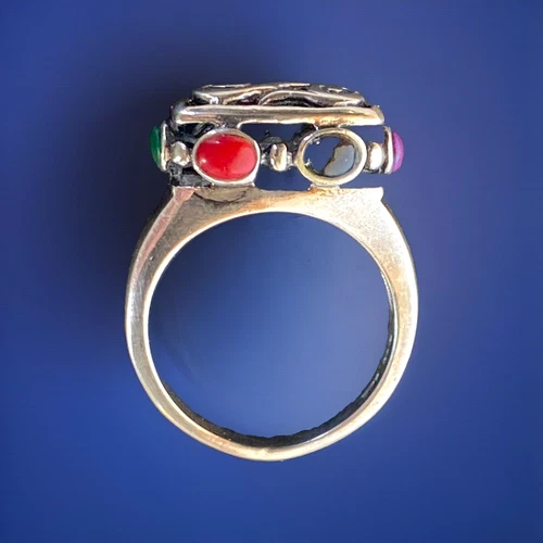 Vintage Multi-Color Gemstone & Sterling 925 Silver Ring, 'SE' 5.3 grams Size 7