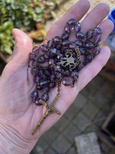 Antiker französischer Rosenkranz Rosenkranz lila Glas Messing 24" 1800er Perlen Amethyst Maria - Bild 12 von 19