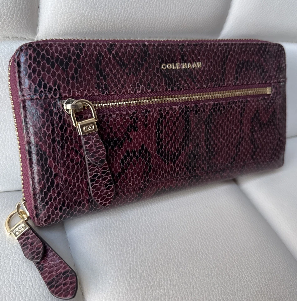 Cole Haan Tali Continental Wallet Red Tawny Port Snake Print Zip Around MINT - Image 2 of 4