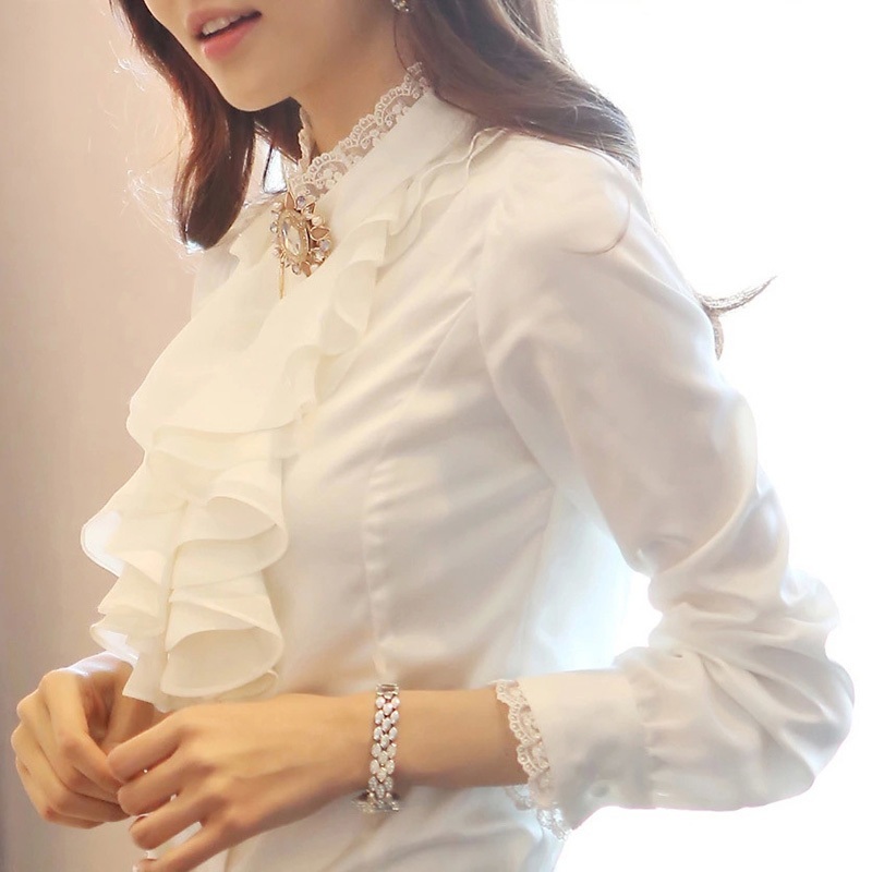 OL Women Satin Work Long Sleeve Formal Tops High Neck Frilly