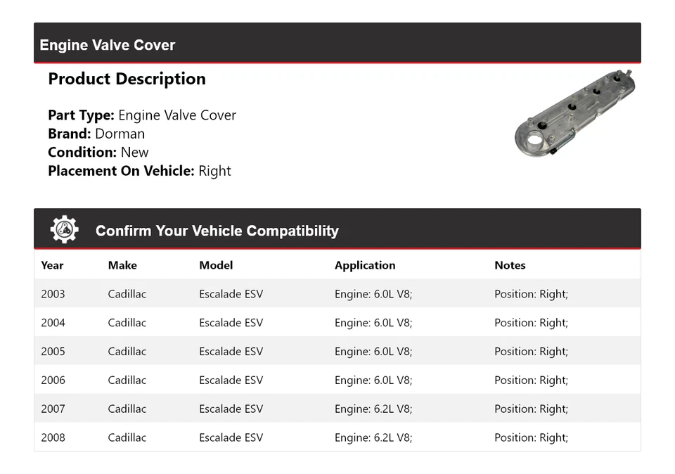 Cubierta de válvula de motor derecha para Cadillac Escalade ESV 2003-2008 Dorman 2004 2005 Foto 2 de 4
