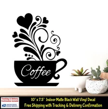 Coffee Cup Hearts Indoor Vinyl Removable Matte Black Decal Walls Mirrors Doors