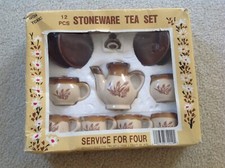 VINTAGE, 12 PCS, MINIATURE, STONEWARE TEA SET, NEVER USED, IN ORIGINAL BOX 