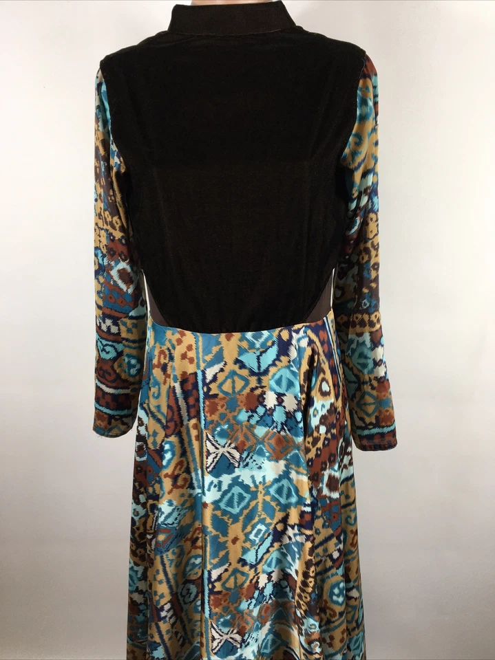 Vintage 70s Blue & Brown Ikat Maxi Mesh Cut-out Full Skirt Dress 1970s M/L - Image 4 of 4