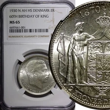 Denmark Christian X Silver 1930 N; AH/HS 2 Kroner NGC MS65 GEM BU  KM# 829 (1)