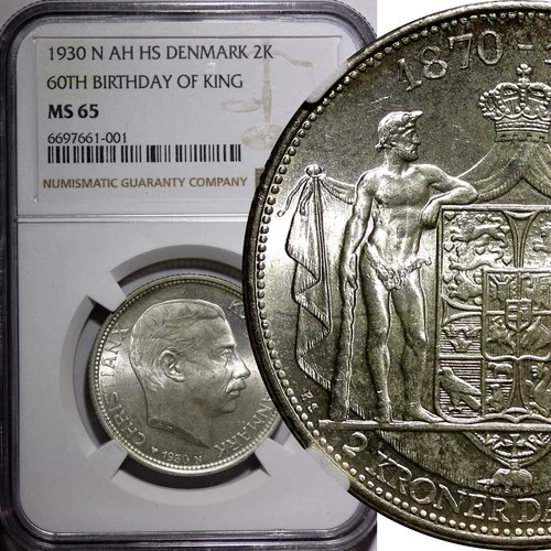 Denmark Christian X Silver 1930 N; AH/HS 2 Kroner NGC MS65 GEM BU KM# 829 (1)