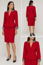 Vintage Christian Dior Red Wool Skirt Suit Leopard Trim Womens Size 6 USA