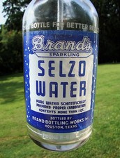 BRAND'S SELZO WATER ~ EARLY PAINTED LABEL ACL SELTZER BOTTLE ~ HOUSTON, TEXAS