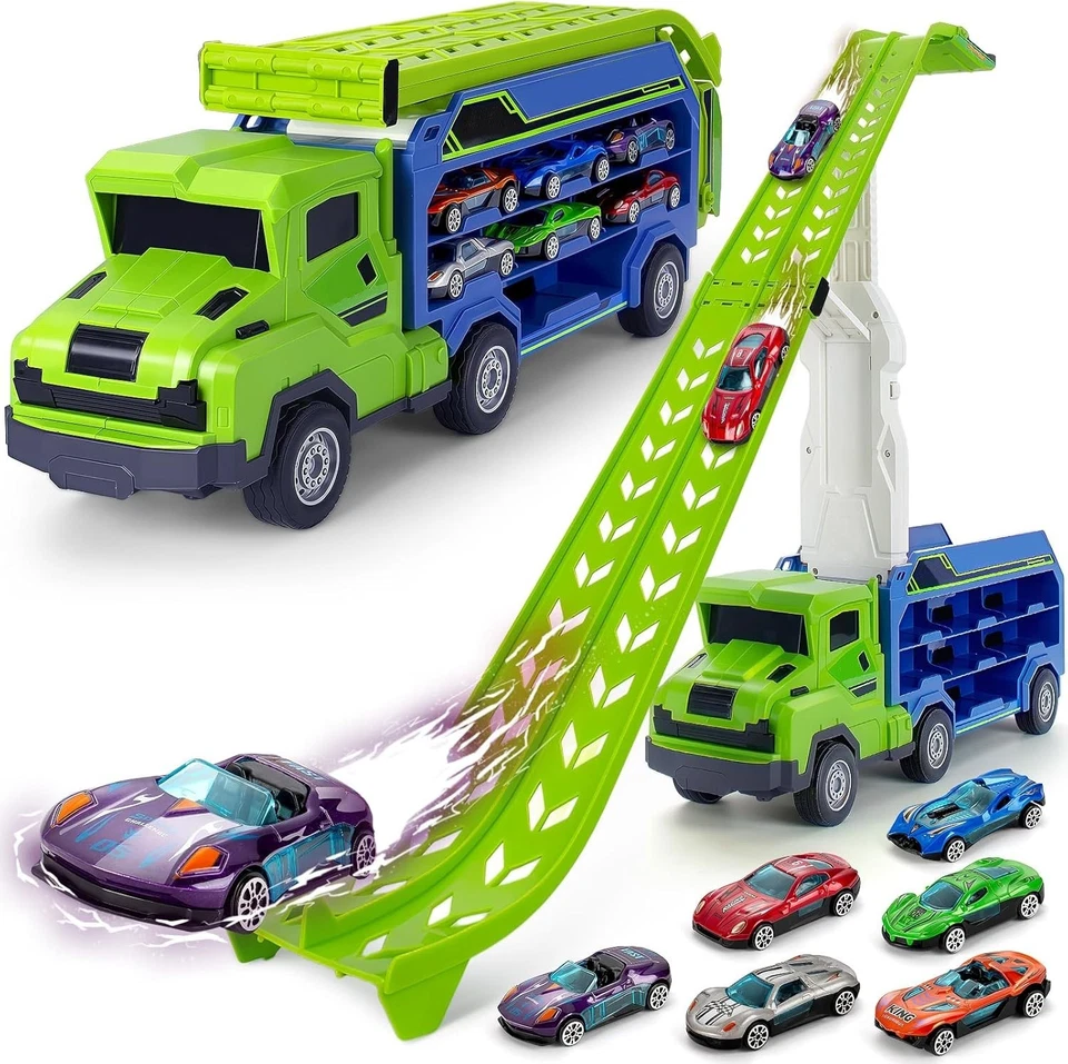 Camion giocattolo bambini con 6 auto in metallo a retrocarica pista garage gioco - Immagine 4 di 4