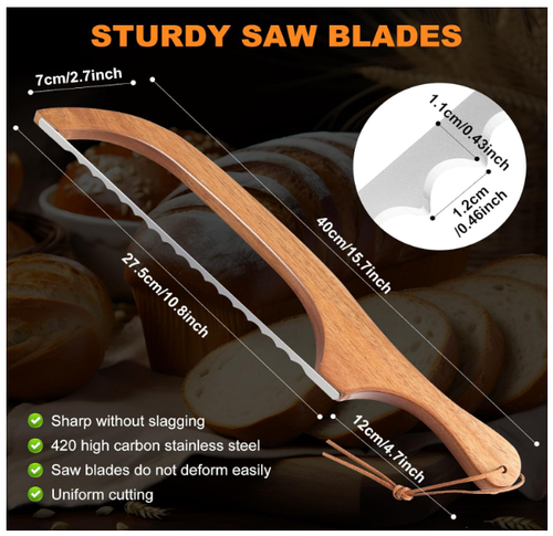 15.7 in Serrated Bread Slicer, Sourdough Bread Knife, Stainless Steel Bow Knife - Picture 5 of 12