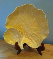 Bordallo Pinheiro Cabbage Leaf YELLOW Chip & Dip Serving Tray Portugal, Rare EUC