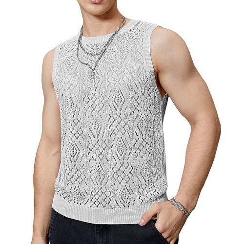 Stylish Men's Sleeveless Vests Transparent Lace Mesh Design Streetwear - Picture 12 of 22
