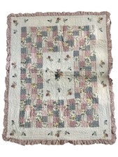 Vintage Pink Patchwork Embroidered Flowers Baby Crib Nursery Quilt Wall Hanging