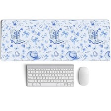 Western Desk Accessories Blue Cowgirl Desk Mat, Blue White Floral Mouse Pad 31.5
