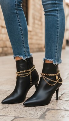 Women Gold Metal Boot Chain Bracelet Shoe Anklet Waves Lion Charm HANDMADE PAIR