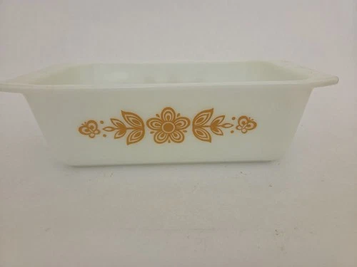 Pyrex Gold Butterfly Loaf Pan 913 8.5 X 4. 5 X 2.5  Vintage Gold White