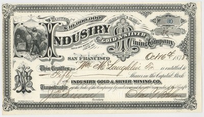 Industry Gold and Silver Mining Co. - 1878 dated Silver City, Nevada Mining St