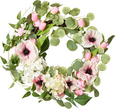 22 Inch Artificial Spring Wreath with Hydrangea, Tulip, and Eucalyptus Blooms, R
