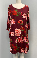 NEW ~ Ella Samani Knit Shift Dress Women's L Long Sleeve Red Roses Side Pockets
