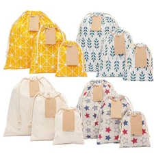 12 pcs x Reusable gift bags + 15 Gift tags & string. Multipurpose Drawstring ...