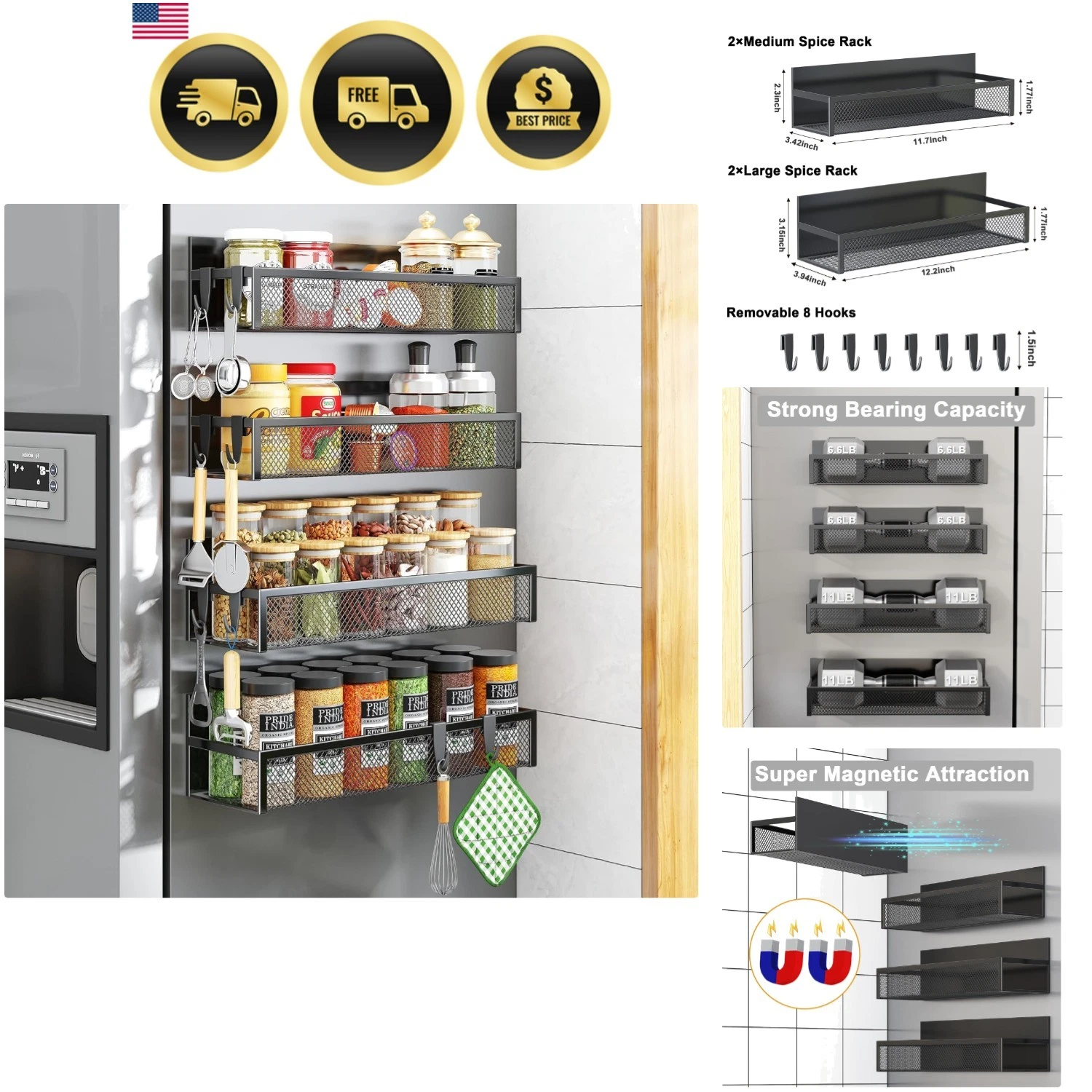 Magnetic Spice Rack for Refrigerator, 4 Pack Magnetic Shelf, Fridge Magnet Or...