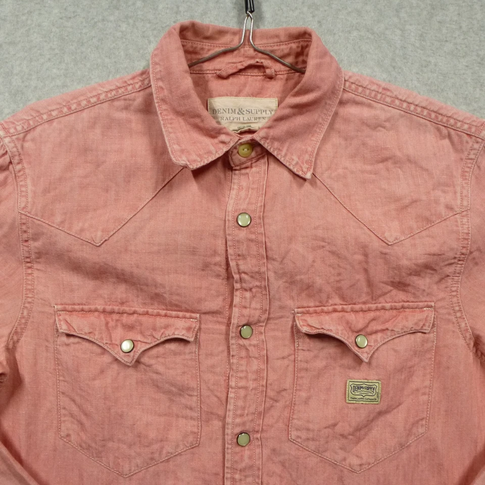 Camisa Denim Supply Ralph Lauren Para Hombres Pequeña Rosa Perla A Presión Algodón Lino Western Foto 3 de 4