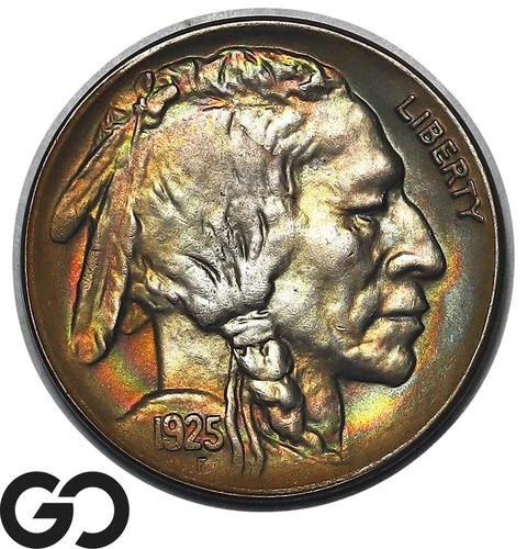 1925-D Buffalo Nickel, Beautiful Bullet Rainbow Toning, Gem BU++ Better Date