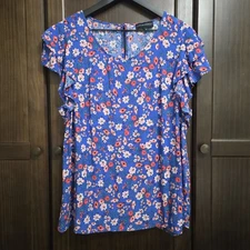 Cynthia Rowley Floral Blouse Womens XL  Double Flutter Sleeve Blue Pink Colorful