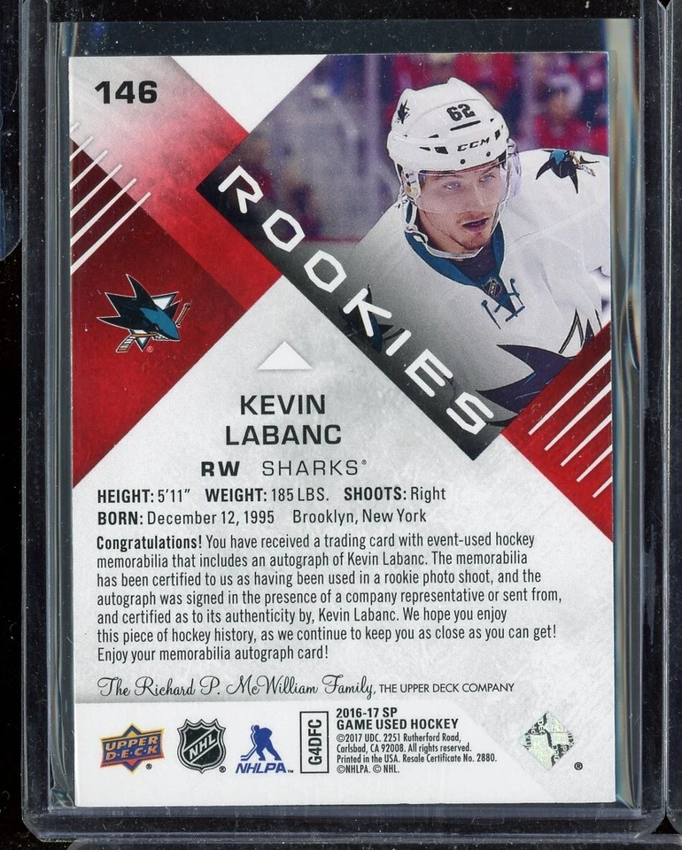 2016-17 SP Game Used Red #146 Kevin Labanc Jersey Autograph - Image 2 of 2