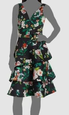 $580 Rickie Freeman for Teri Jon Women's Black V-Neck Floral A-Line Dress Sz 10