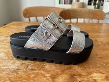 BRAND NEW MOOW SILVER FAUX LEATHER SHOES UK 5 WEDGE HEEL SLIDERS MULES SANDALS