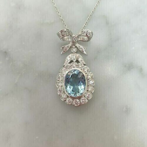 2 CT Oval Cut Simulated Aquamarine Women's Halo Pendant 14k White Gold Plated - Picture 4 of 4
